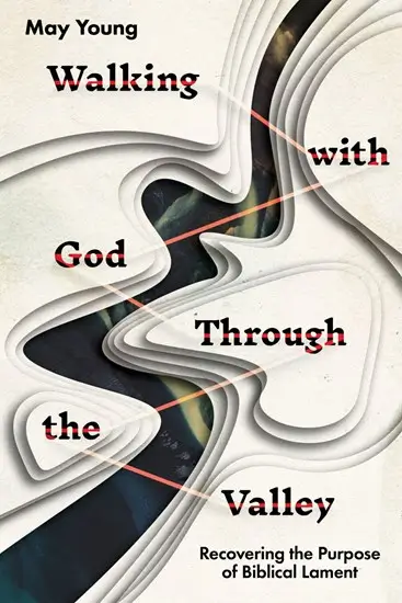 Book cover for 'Walking with God Through the Valley' by May Young. The design features abstract layered curves resembling a valley, with red accents highlighting parts of the title. The subtitle reads, 'Recovering the Purpose of Biblical Lament.'